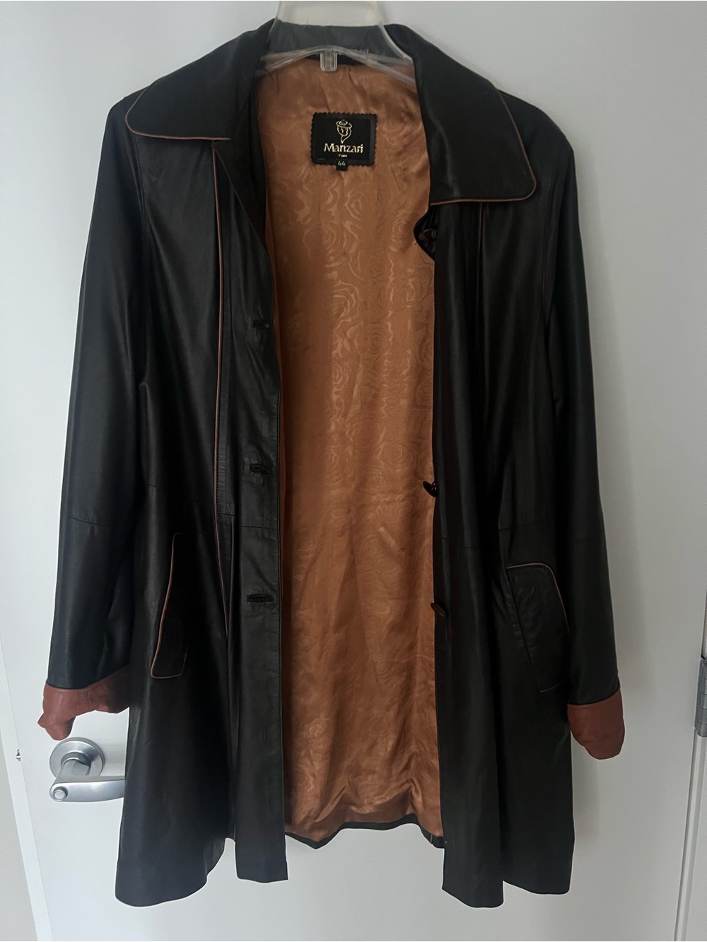 Black Leather Trench Coat with Brown Contrast Trim